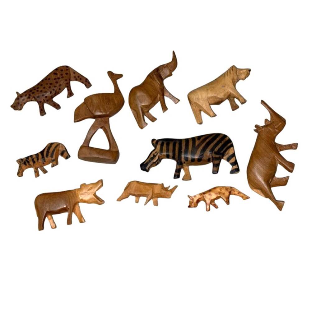 Vintage Hand Carved & Hand Painted Wooden African Animal Figurines - Set of 10